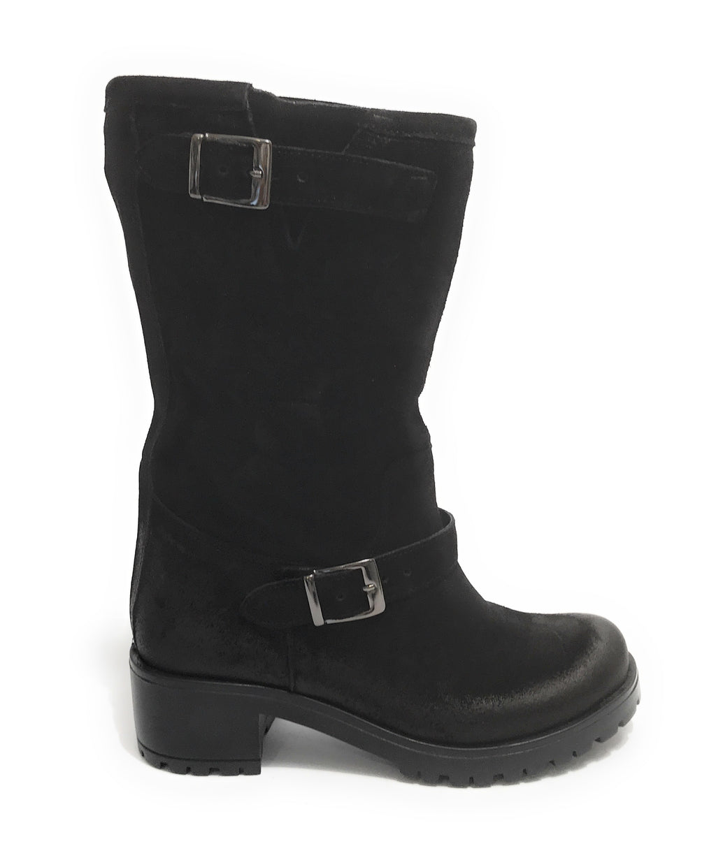 Scarpe donna Elite stivale biker fondo carrarmato pelle scamosciata nero D21EL02