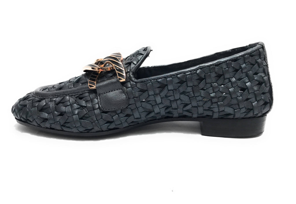 Scarpe Emanuélle Vee mocassino Valery in pelle intrecciata mat black donna DS24EV15 441M-219-13-LWM/BLA