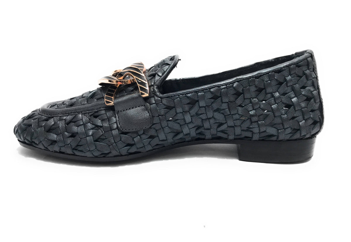 Scarpe Emanuélle Vee mocassino Valery in pelle intrecciata mat black donna DS24EV15 441M-219-13-LWM/BLA