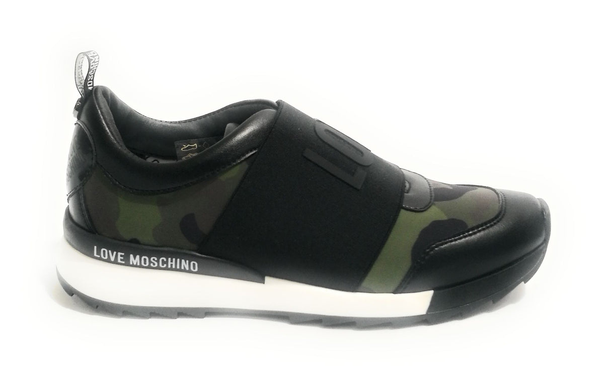 SCARPE DONNA SLIP-ON FONDO RUNNING LOVE MOSCHINO CAMO FASCIA LOGO D19MO19