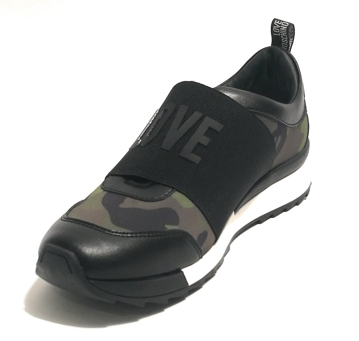 SCARPE DONNA SLIP-ON FONDO RUNNING LOVE MOSCHINO CAMO FASCIA LOGO D19MO19