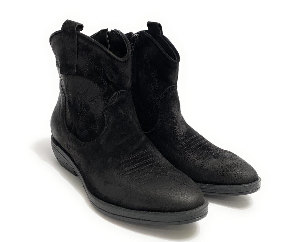 Scarpe donna Elite stivaletto texano ricamato in pelle di vitello nero scamosciato D21EL11