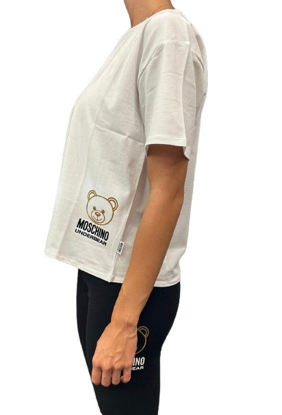 T-shirt cropped donna Moschino bianco con stampa bear E25MO09 V6A0701 4406 0001