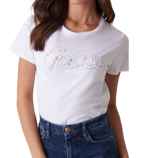 T-shirt donna Guess logo pizzo bianco ES25GU63 W5RI08K9RM1