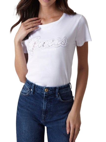 T-shirt donna Guess logo pizzo bianco ES25GU63 W5RI08K9RM1