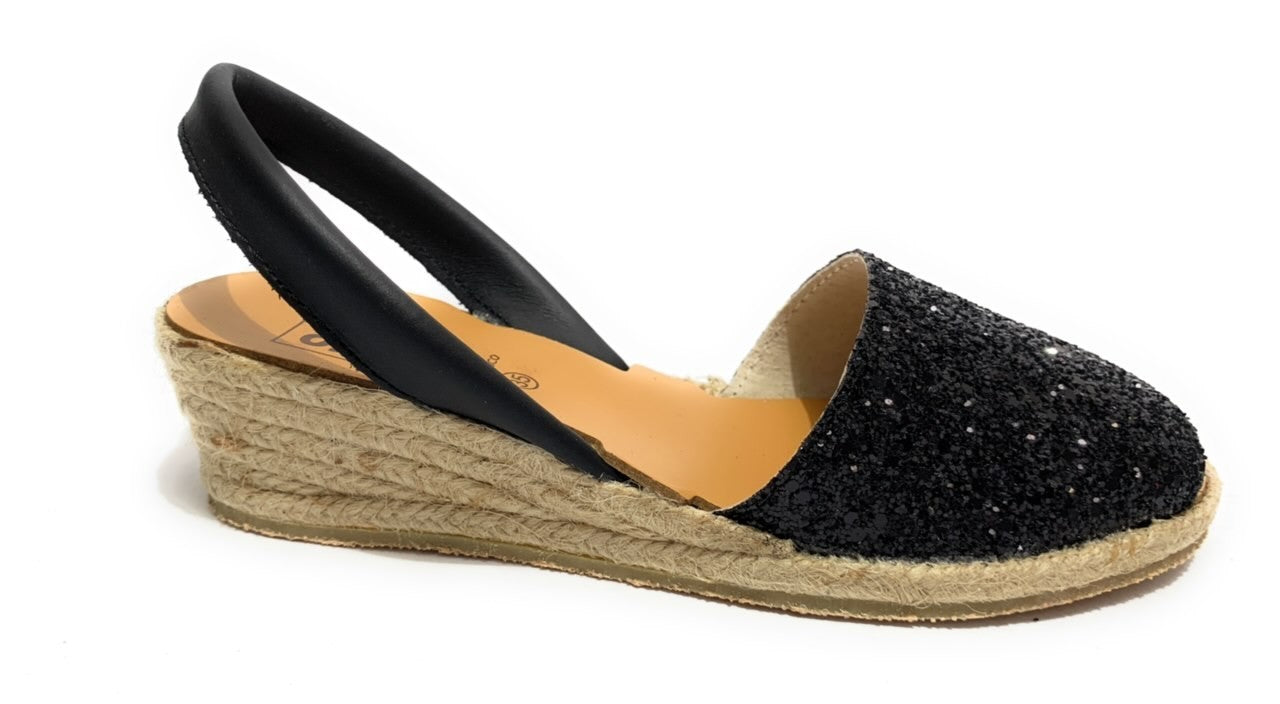 Sandalo minorchina Ska Shoes fondo corda Creta tc 40 pelle nero/ glitter DS22SK10