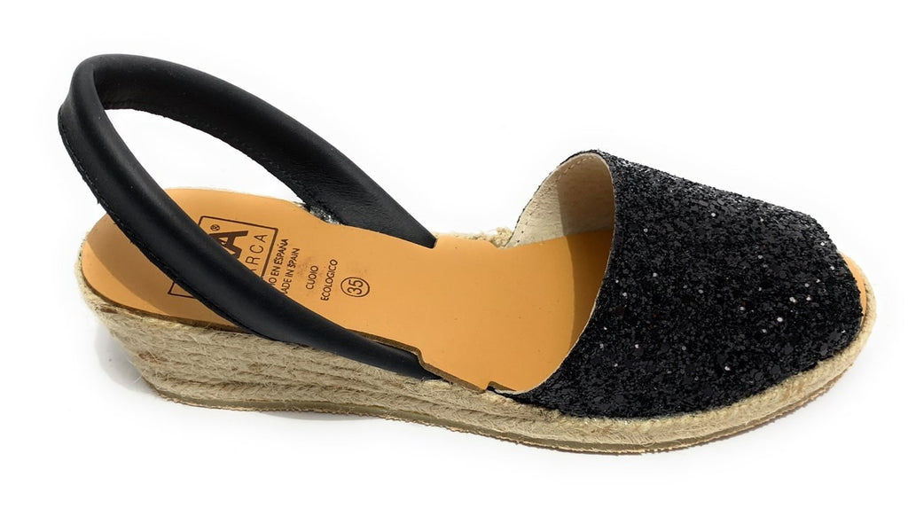 Sandalo minorchina Ska Shoes fondo corda Creta tc 40 pelle nero/ glitter DS22SK10