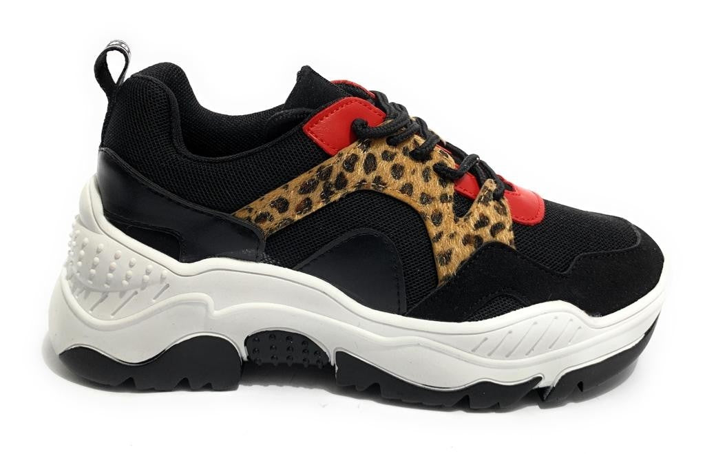 Scarpe donna sneaker con zeppa Gold&gold ecopelle/ tessuto nero/ leopardo/ rosso D20GG43