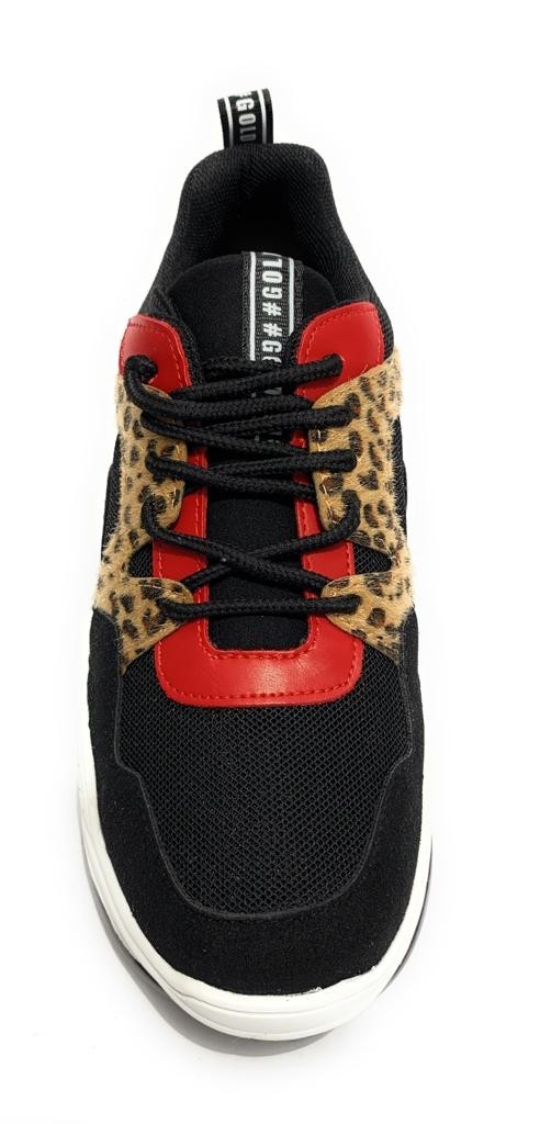 Scarpe donna sneaker con zeppa Gold&gold ecopelle/ tessuto nero/ leopardo/ rosso D20GG43