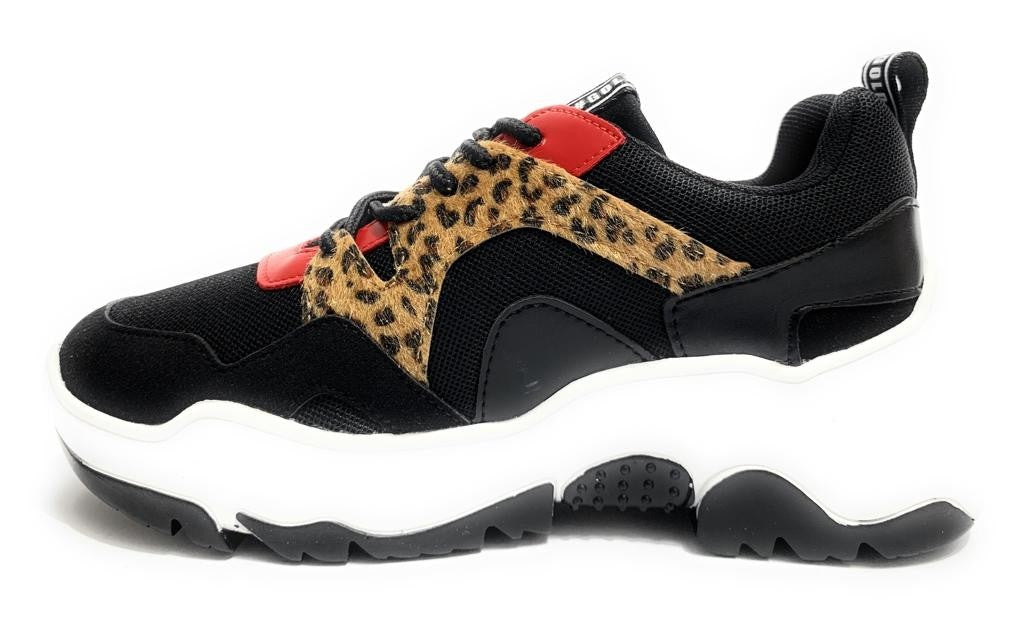 Scarpe donna sneaker con zeppa Gold&gold ecopelle/ tessuto nero/ leopardo/ rosso D20GG43