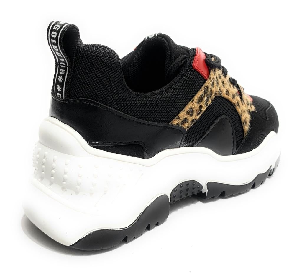 Scarpe donna sneaker con zeppa Gold&gold ecopelle/ tessuto nero/ leopardo/ rosso D20GG43