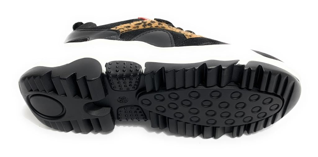 Scarpe donna sneaker con zeppa Gold&gold ecopelle/ tessuto nero/ leopardo/ rosso D20GG43