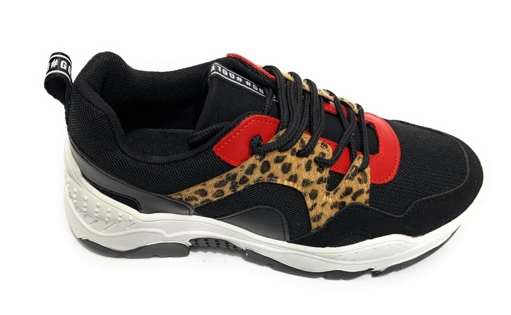 Scarpe donna sneaker con zeppa Gold&gold ecopelle/ tessuto nero/ leopardo/ rosso D20GG43