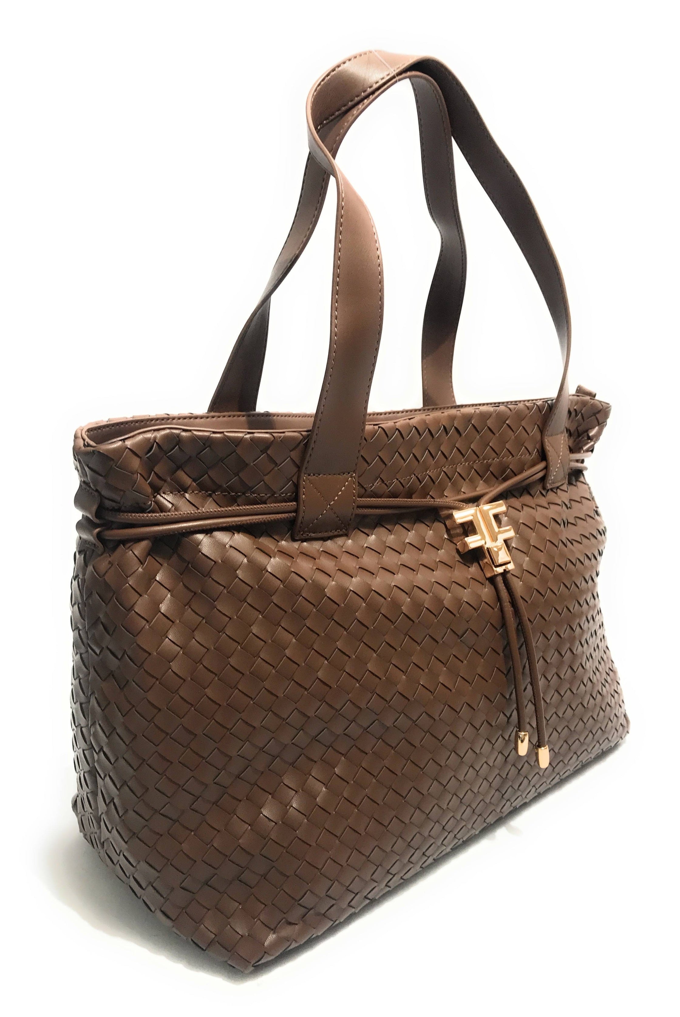 Borsa donna Fracomina a spalla shopping bag ecopelle intrecciato marrone BS23FR01 FA23SBA004P411S5-091