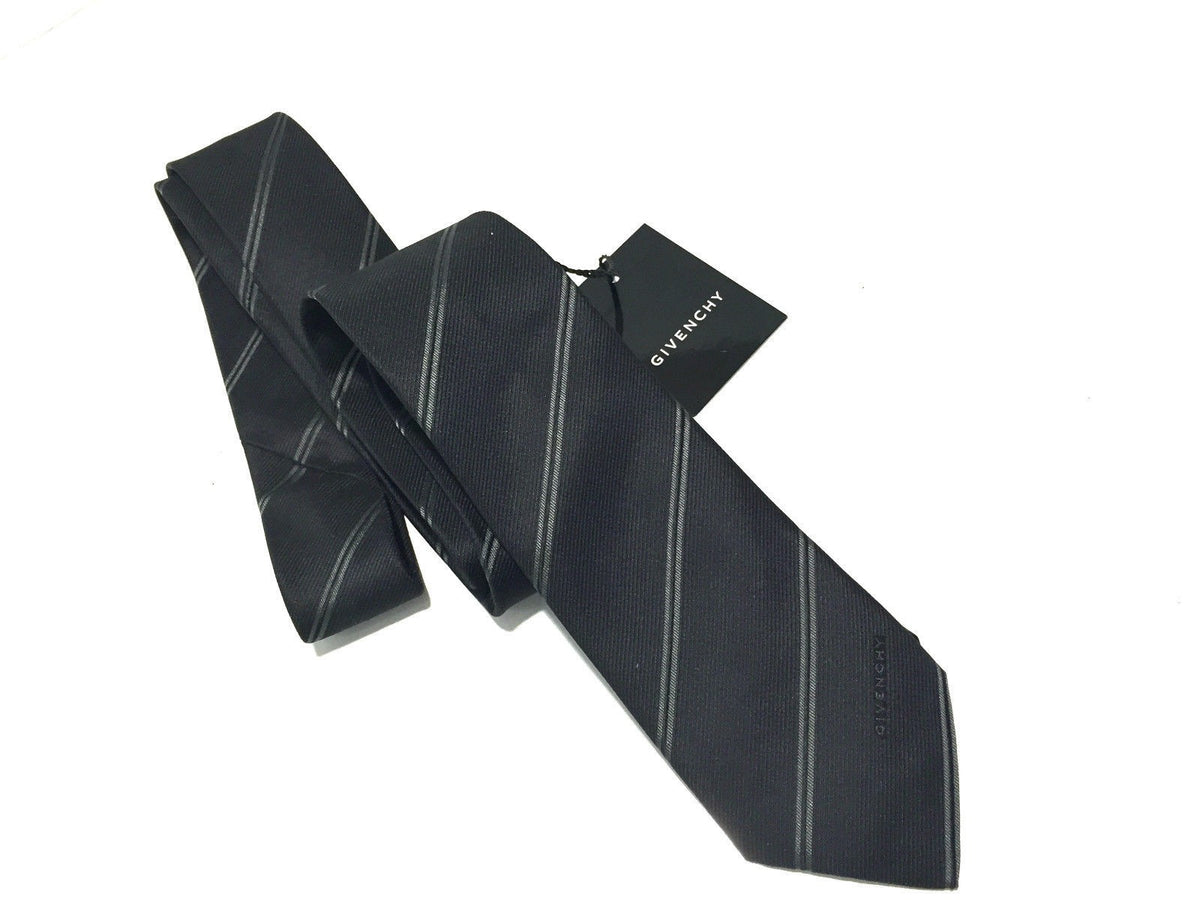 CRAVATTA UOMO GIVENCHY 100% SETA FALDA 7CM REGIMENTAL NERO BANDE GRIGIO   G5