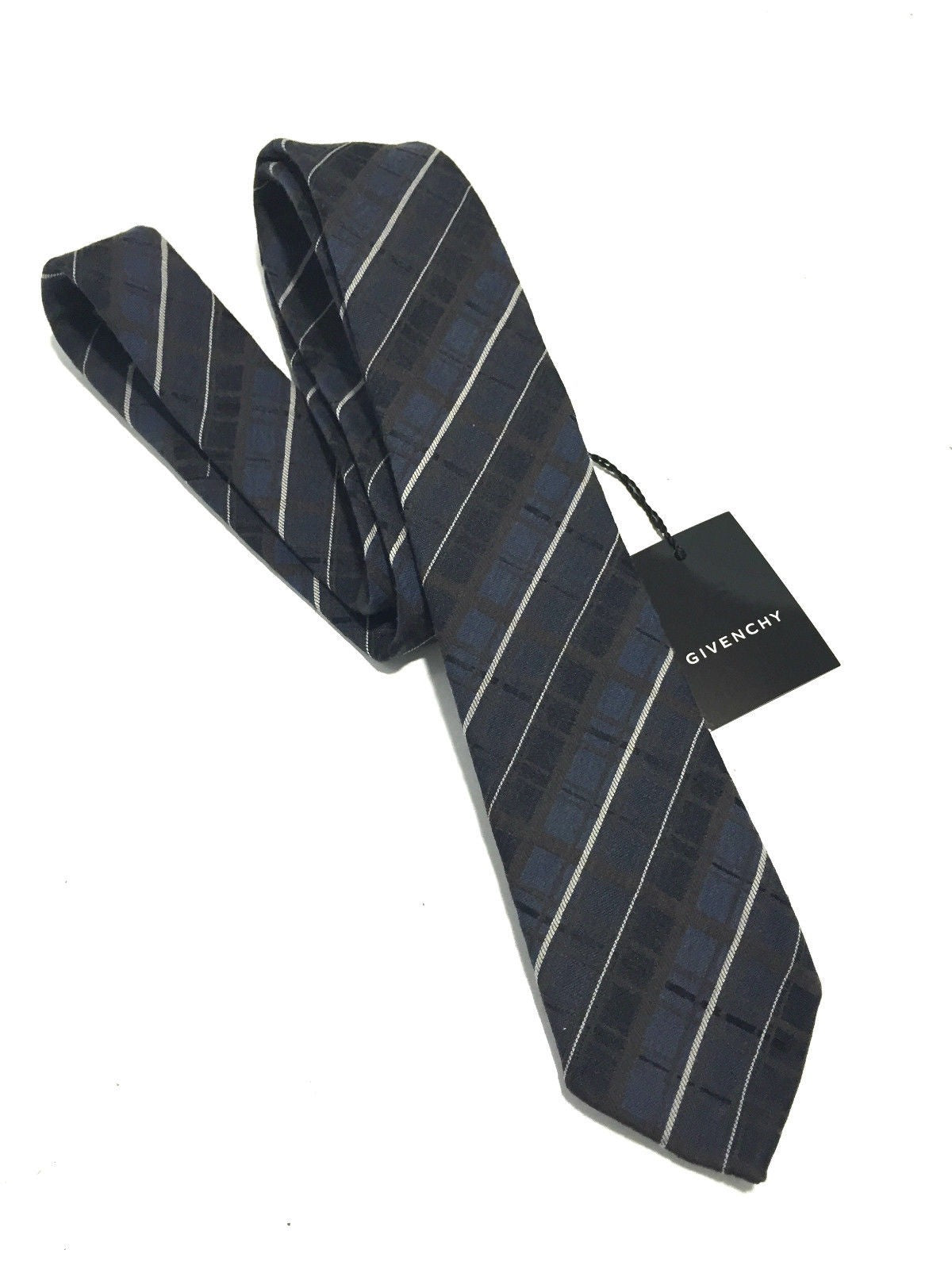 CRAVATTA UOMO GIVENCHY 100% SETA FALDA 7CM REGIMENTAL NERO BANDE GRIGIO   G5