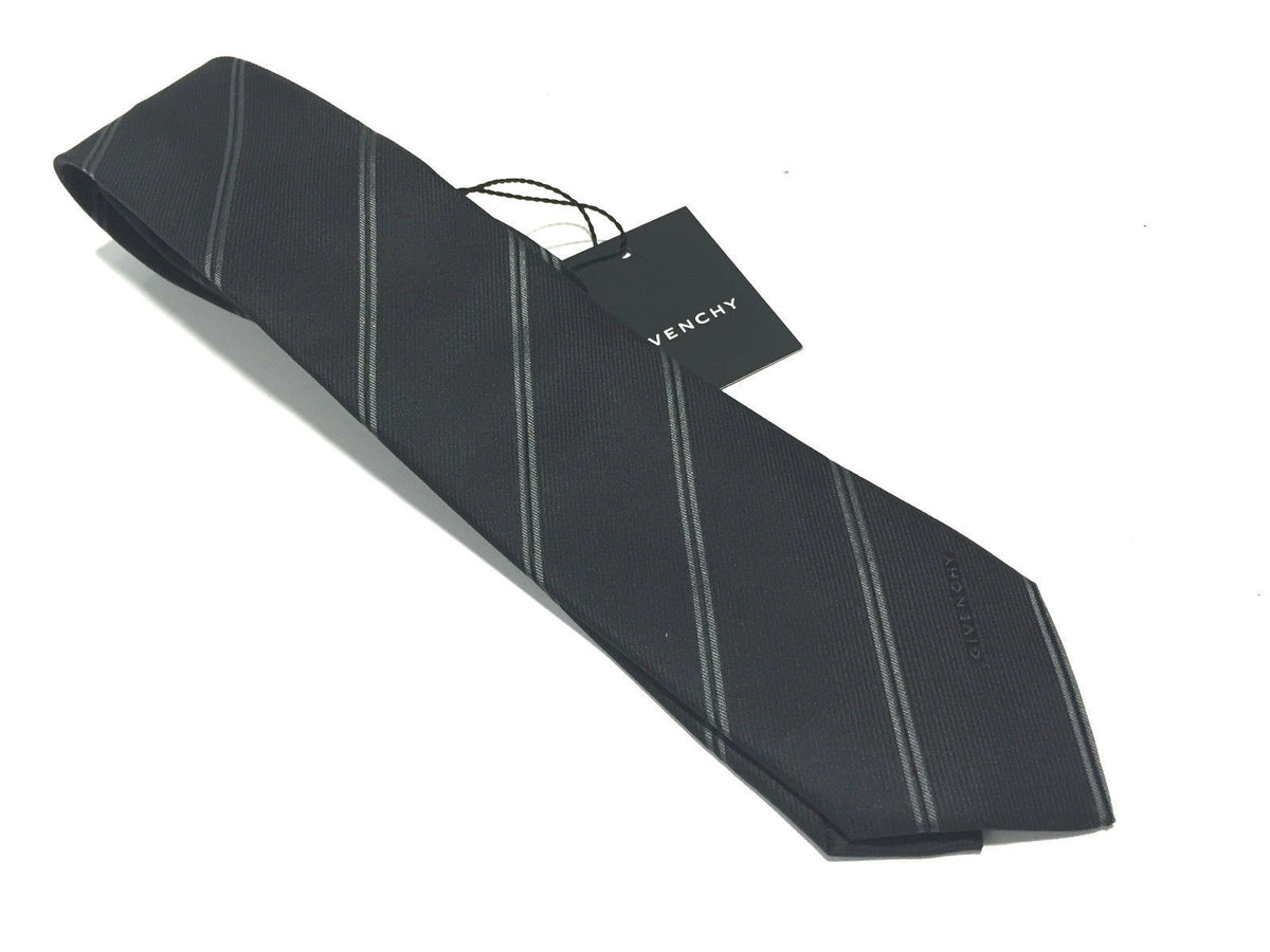 CRAVATTA UOMO GIVENCHY 100% SETA FALDA 7CM REGIMENTAL NERO BANDE GRIGIO   G5