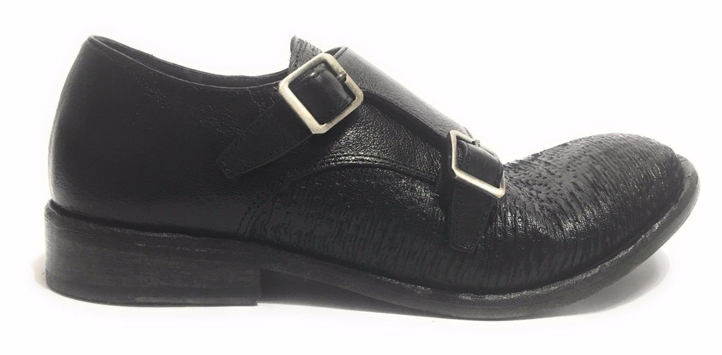 SCARPE UOMO ERNESTO DOLANI DOPPIA FIBBA PELLE NERO E TEJUS ARTIGIANALE US17ED05
