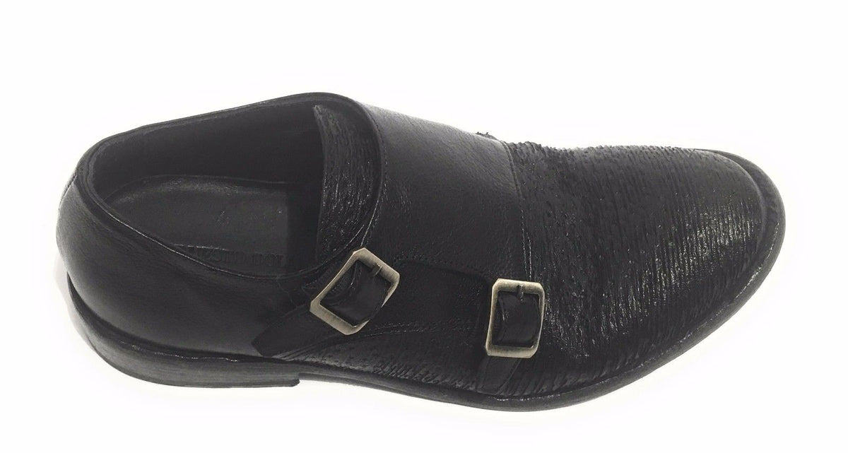 SCARPE UOMO ERNESTO DOLANI DOPPIA FIBBA PELLE NERO E TEJUS ARTIGIANALE US17ED05