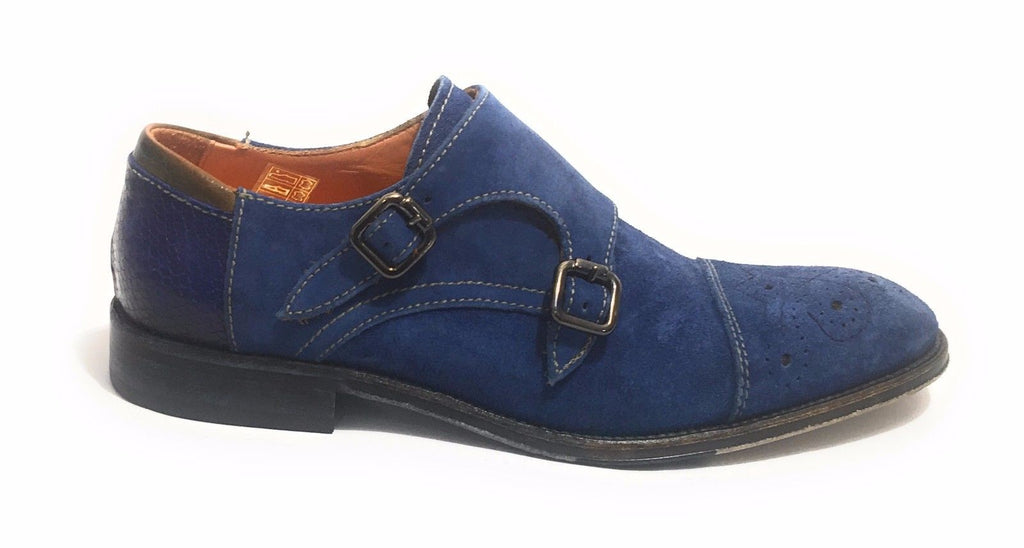 Scarpe uomo Lorenzi con doppia fibbia in pelle camoscio blu olimpian US17LO05