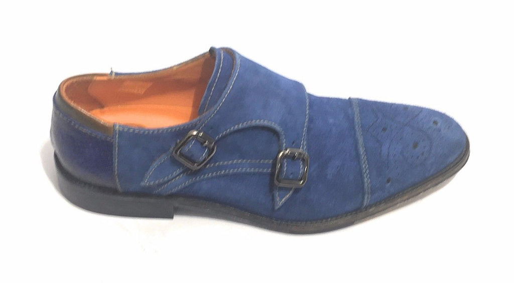 Scarpe uomo Lorenzi con doppia fibbia in pelle camoscio blu olimpian US17LO05