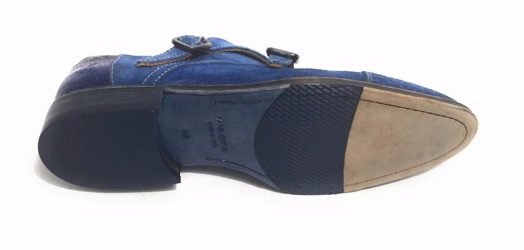 Scarpe uomo Lorenzi con doppia fibbia in pelle camoscio blu olimpian US17LO05