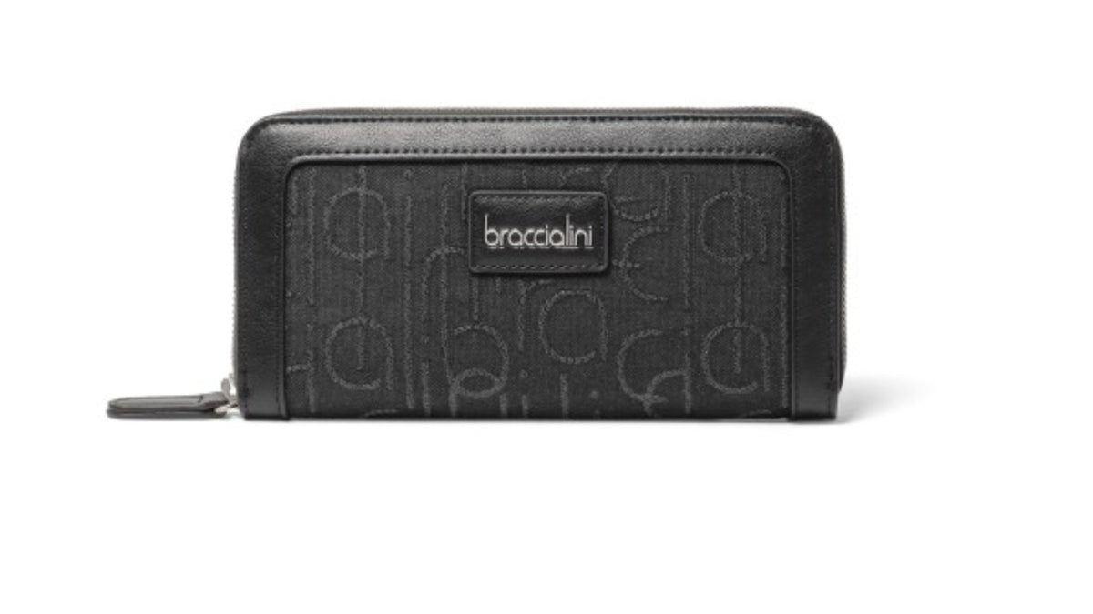 Portafoglio zip around Braccialini Font ecopelle/ tessuto nero A23BR04 B16410