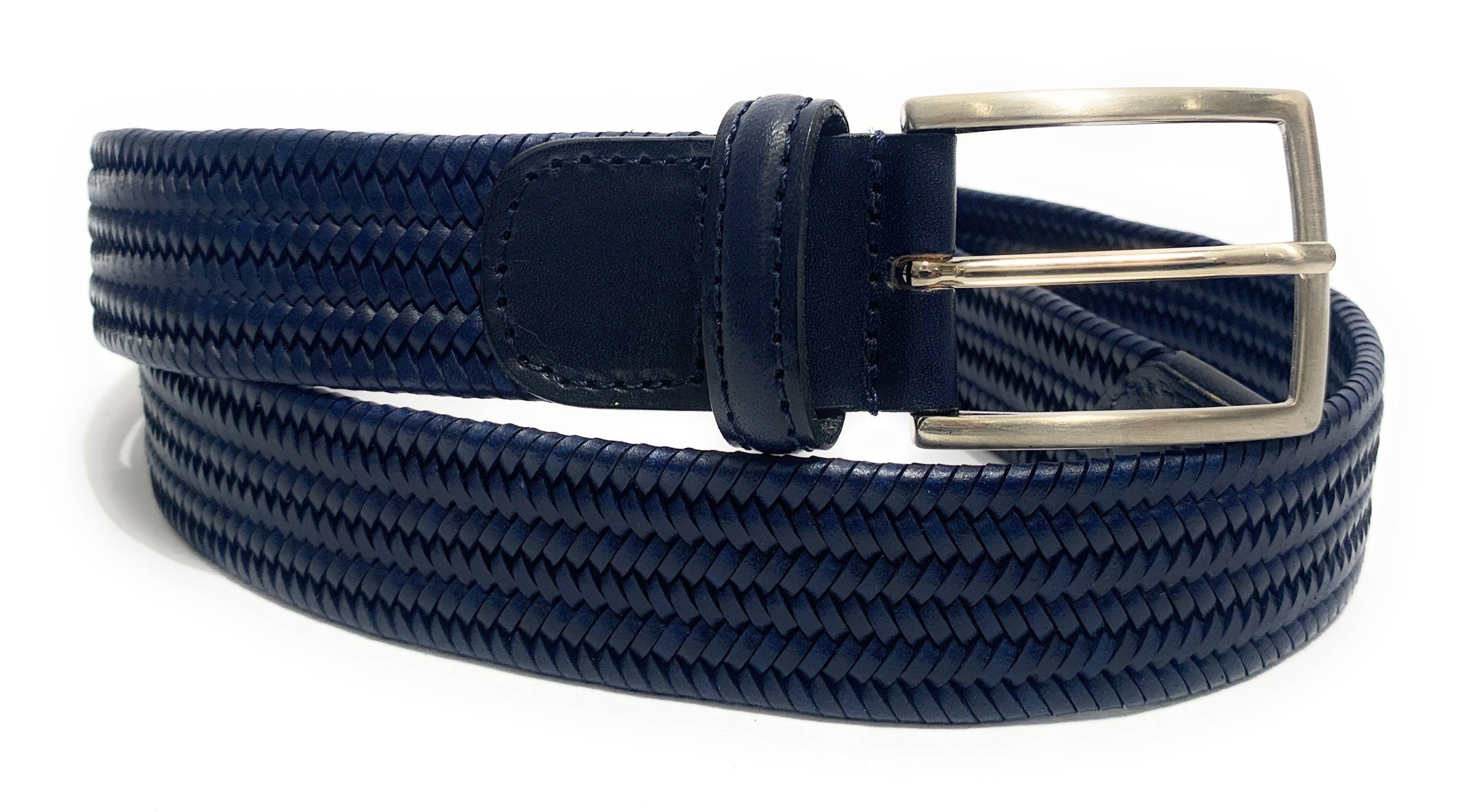 Cinta  in pelle intrecciata elasticizzata blu, altezza 3,0 cm A20EL09