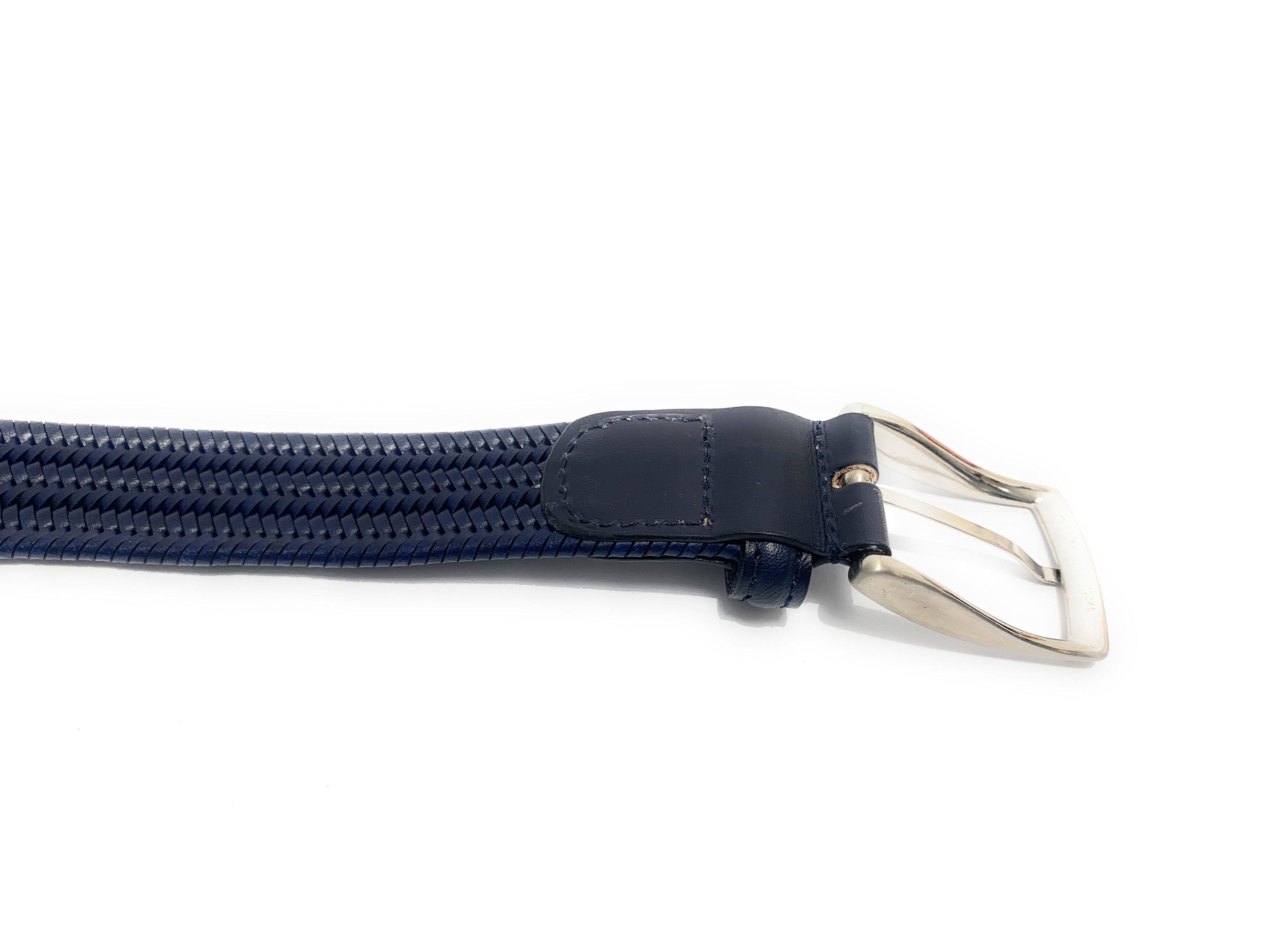 Cinta  in pelle intrecciata elasticizzata blu, altezza 3,0 cm A20EL09