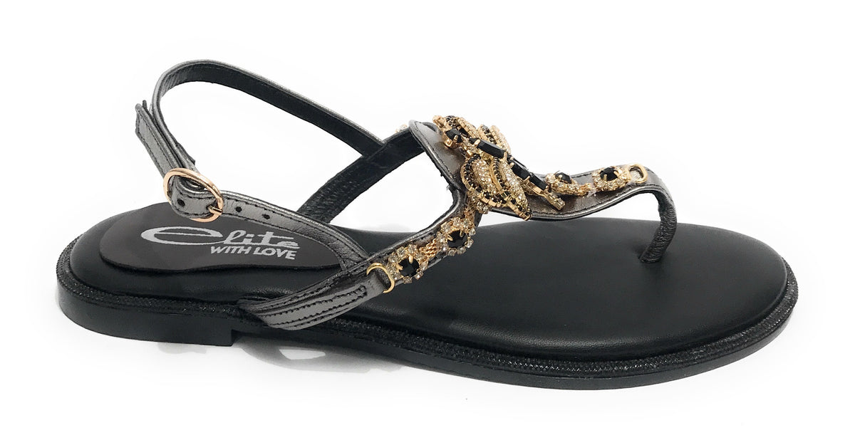 Scarpe donna  sandalo in pelle nero con strass DS23EL16 2214