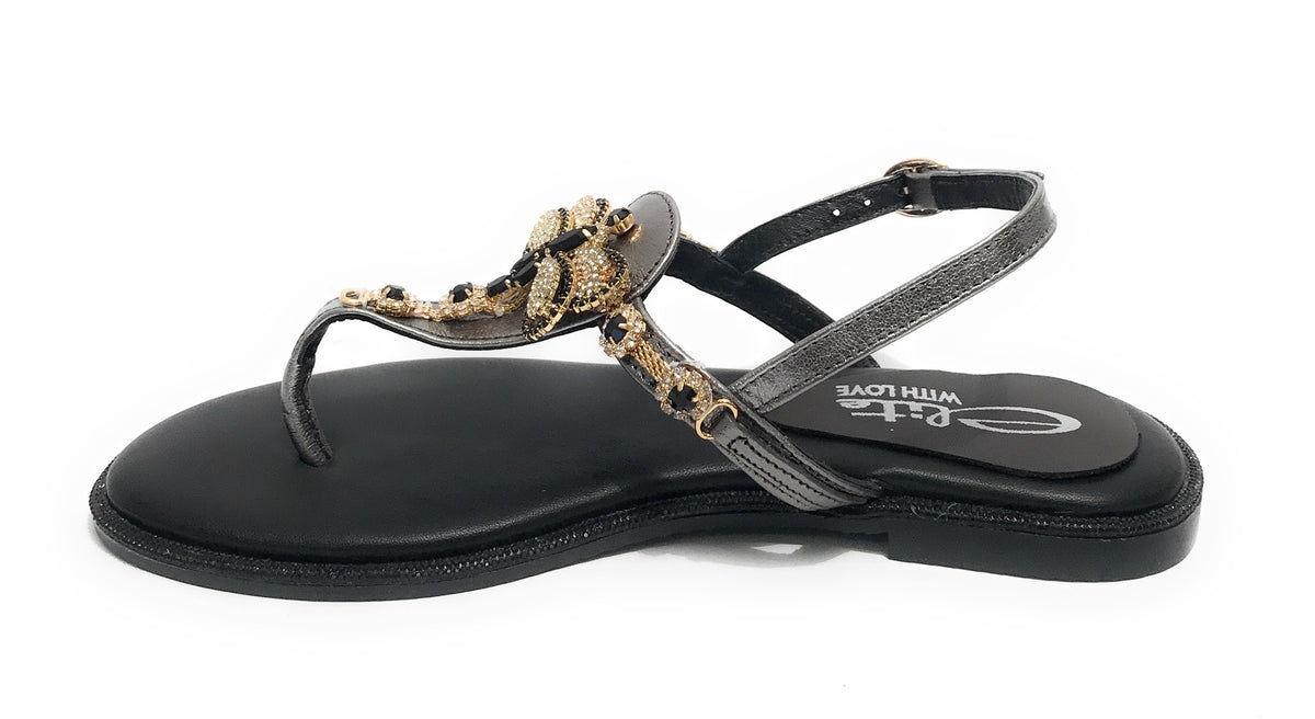 Scarpe donna  sandalo in pelle nero con strass DS23EL16 2214