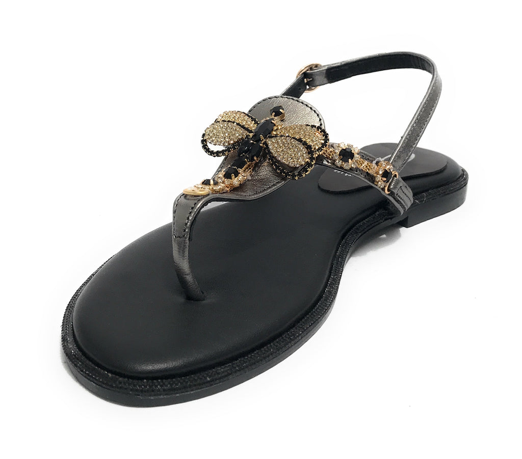 Scarpe donna  sandalo in pelle nero con strass DS23EL16 2214