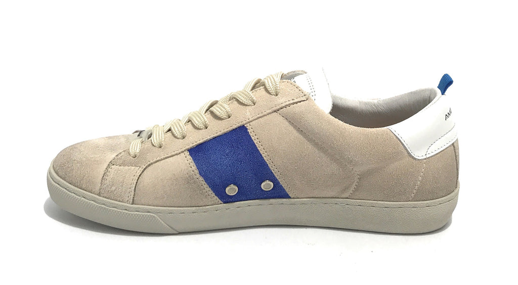 Scarpe uomo Ambitious sneaker 10398B in pelle scamociata beige/ white/ royal blu US21AM04