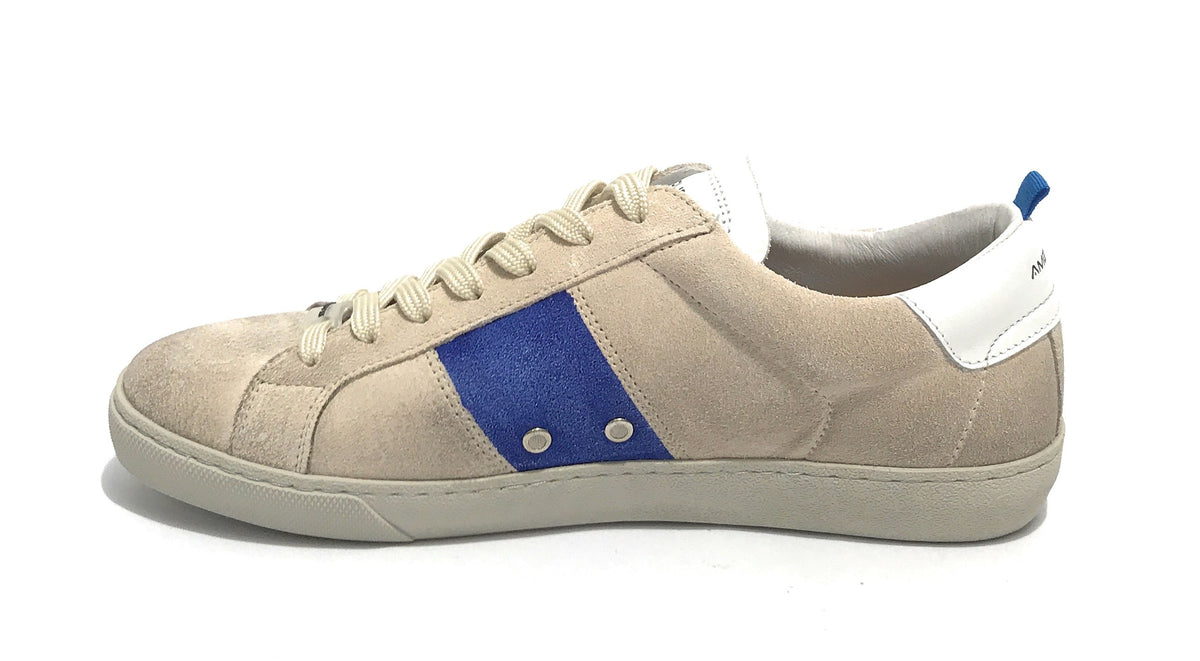 Scarpe uomo Ambitious sneaker 10398B in pelle scamociata beige/ white/ royal blu US21AM04