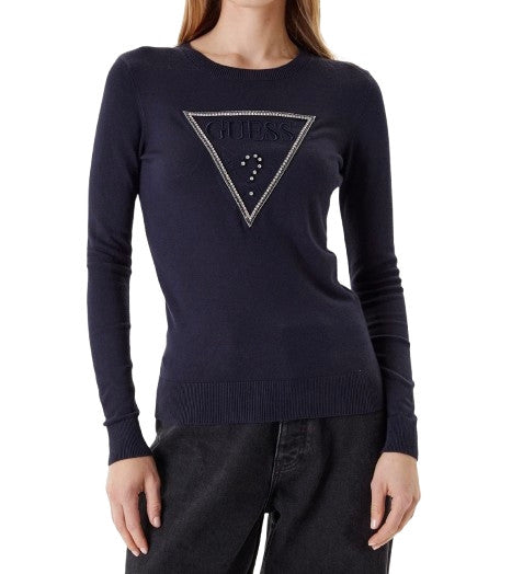 Maglione donna Guess Kiara triangle logo blu scuro E26GU18 W5YR23Z2NQ2 G7V2
