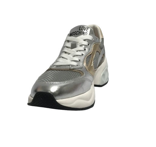 Scarpe Love Moschino sneaker Crystal60 in pelle/ mesh argento/ platino/ beige DS25MO01 JA15296G1MIQG90A