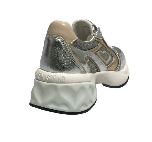 Scarpe Love Moschino sneaker Crystal60 in pelle/ mesh argento/ platino/ beige DS25MO01 JA15296G1MIQG90A
