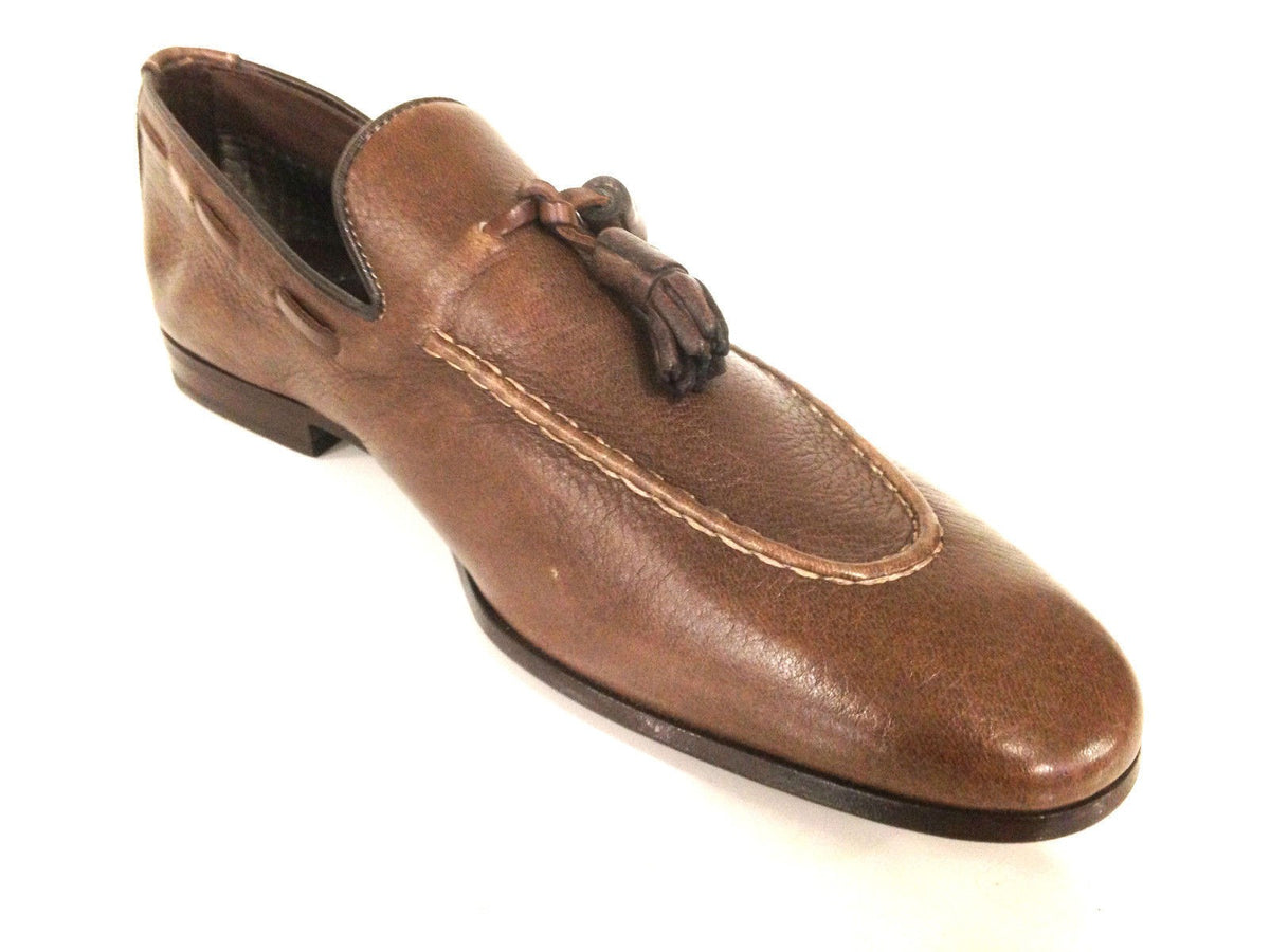 SCARPE UOMO SANTONI MOCASSINO SFILATO CON NAPPE PELLE CERVO MORO  FATTA MANO 58