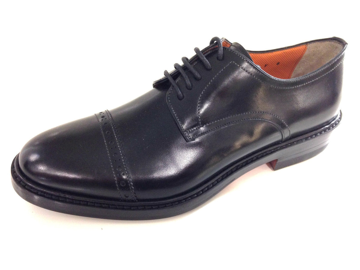SCARPE UOMO SANTONI DERBY BRIGHT NERO FONDO CUOIO PUNTA TONDA FATTE A MANO 10