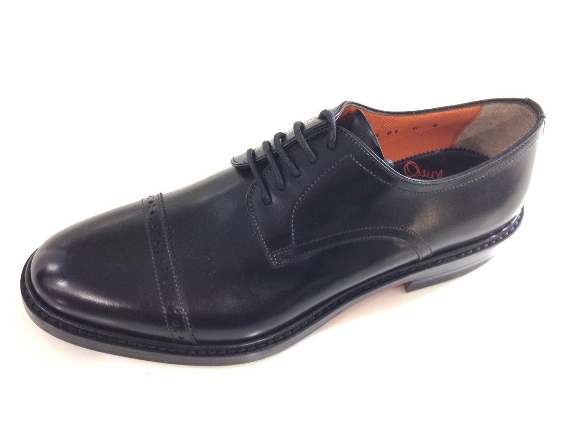 SCARPE UOMO SANTONI DERBY BRIGHT NERO FONDO CUOIO PUNTA TONDA FATTE A MANO 10
