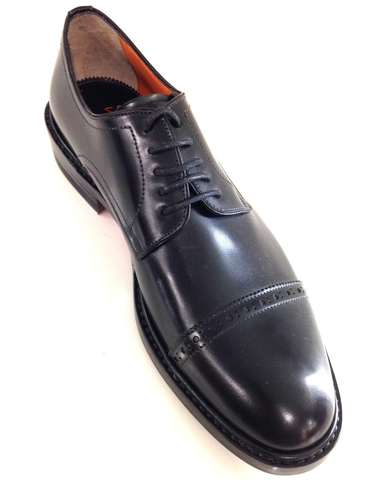 SCARPE UOMO SANTONI DERBY BRIGHT NERO FONDO CUOIO PUNTA TONDA FATTE A MANO 10