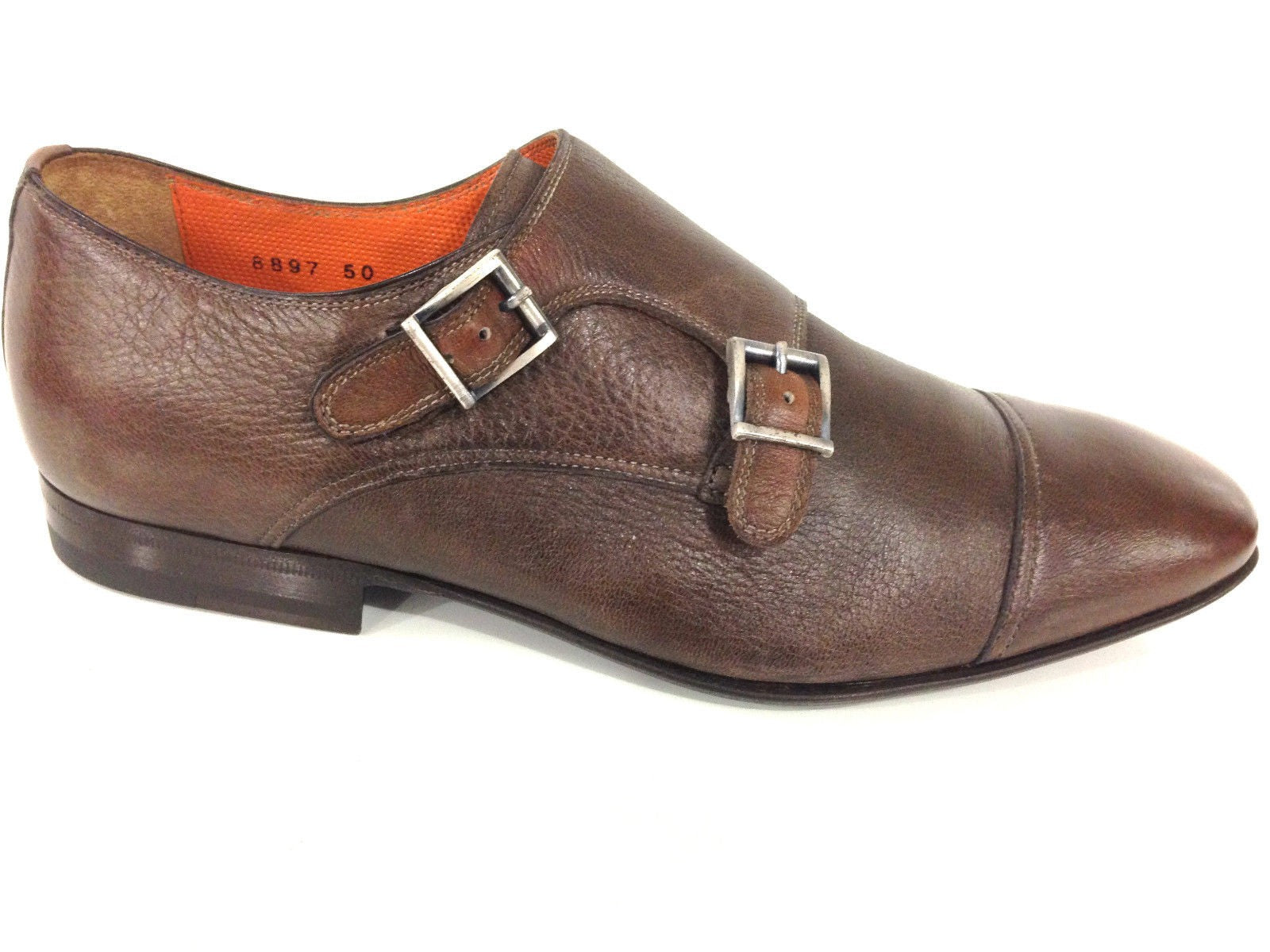 SCARPE UOMO SANTONI  DOPPIA FIBBIA PELLE CERVO MARRONE MORO FATTA MANO TG 6  51