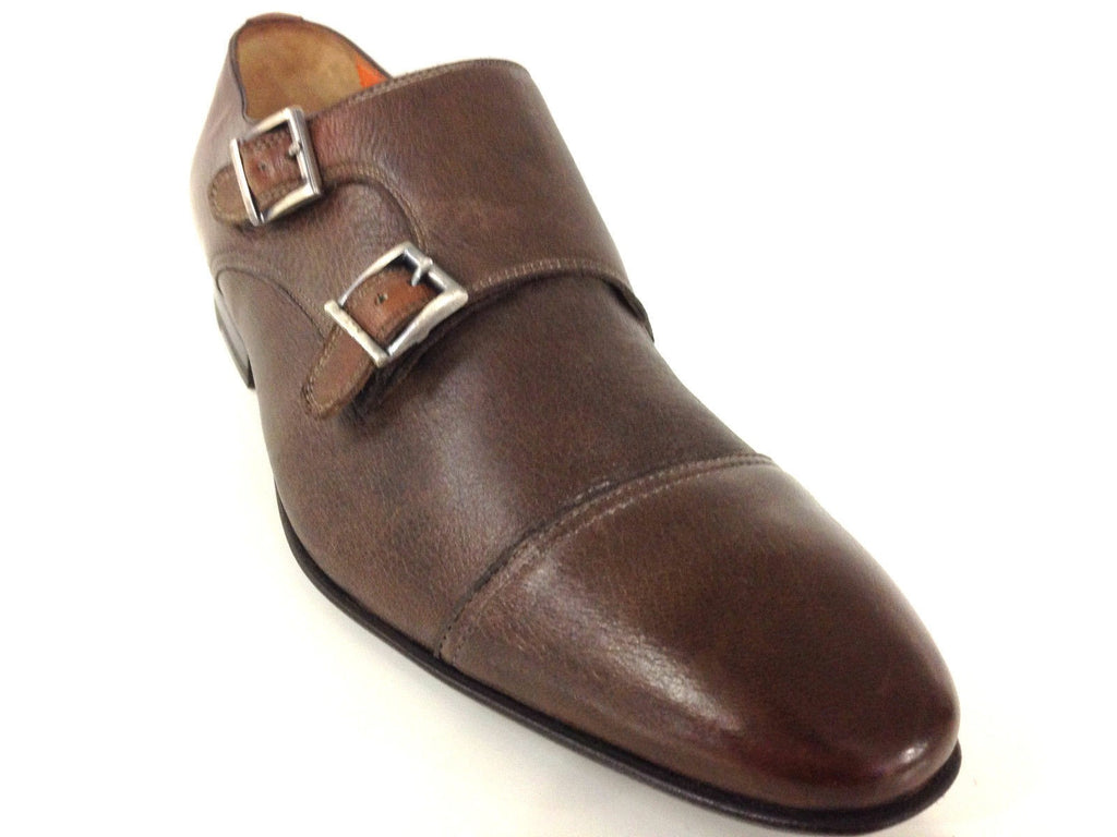 SCARPE UOMO SANTONI  DOPPIA FIBBIA PELLE CERVO MARRONE MORO FATTA MANO TG 6  51