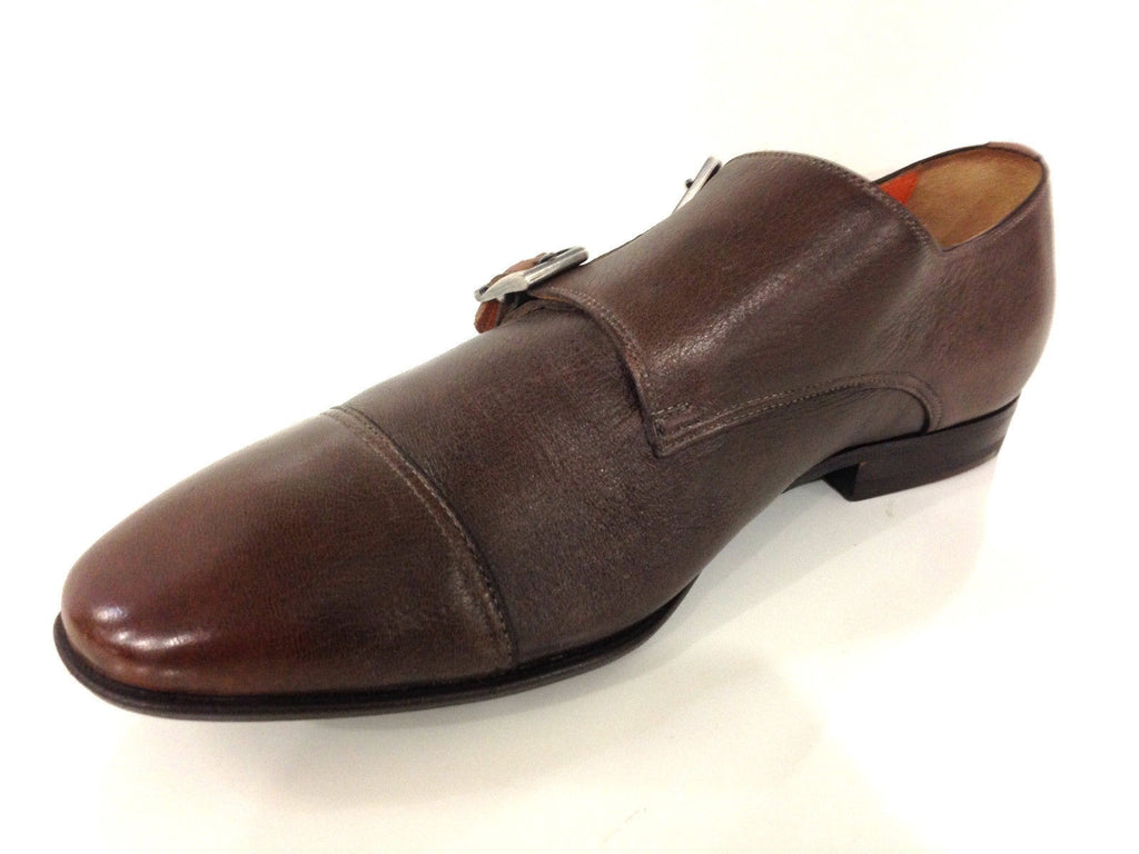 SCARPE UOMO SANTONI  DOPPIA FIBBIA PELLE CERVO MARRONE MORO FATTA MANO TG 6  51
