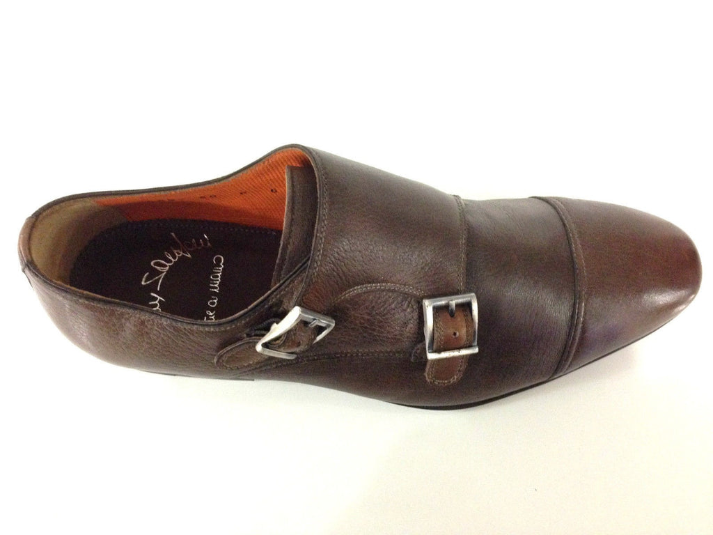SCARPE UOMO SANTONI  DOPPIA FIBBIA PELLE CERVO MARRONE MORO FATTA MANO TG 6  51