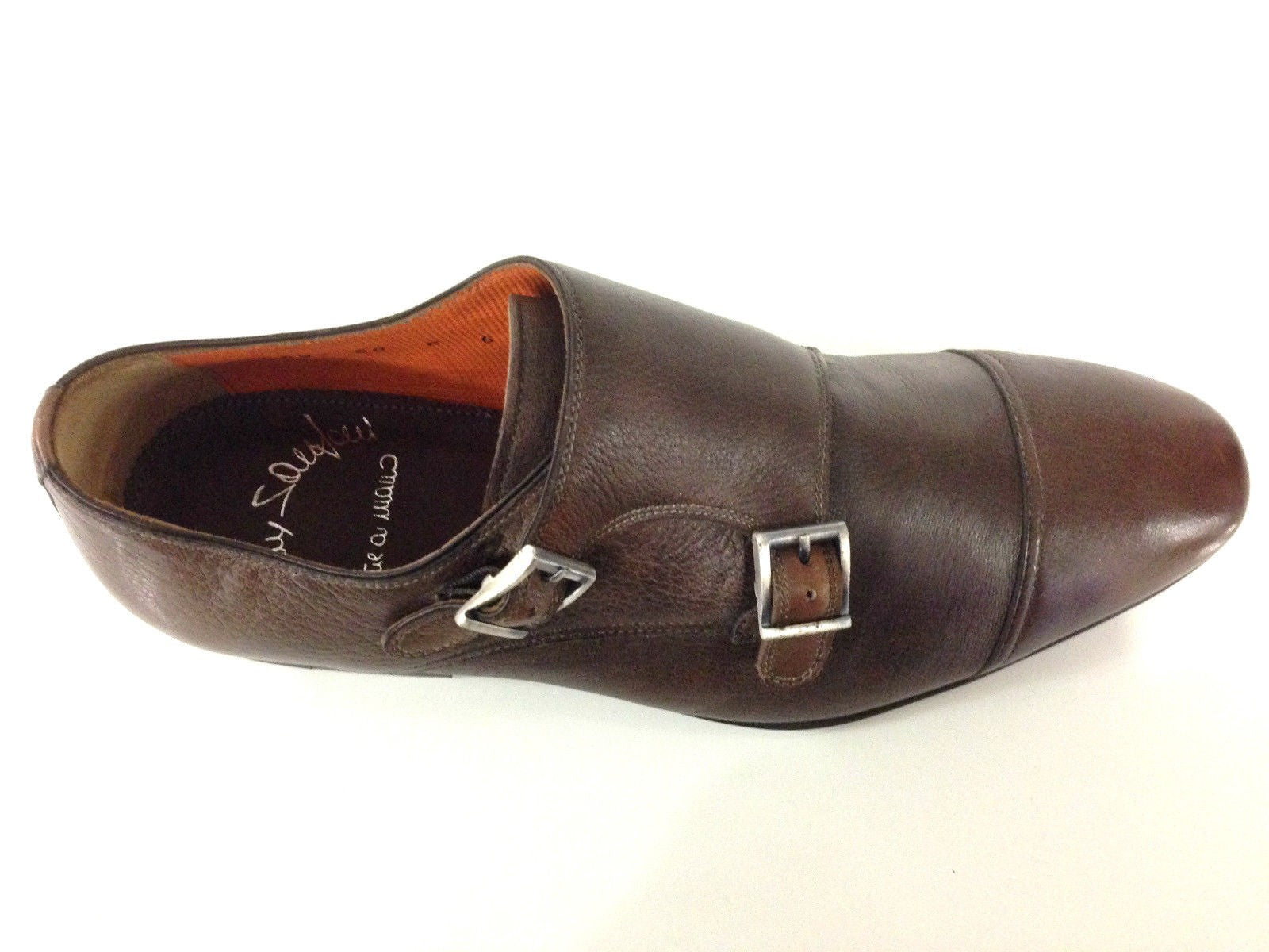 SCARPE UOMO SANTONI  DOPPIA FIBBIA PELLE CERVO MARRONE MORO FATTA MANO TG 6  51