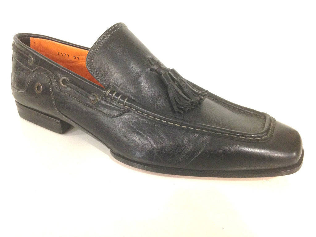 SCARPE UOMO SANTONI MOCASSINO TUBOLARE VACCHETTA NERA CON NAPPE  FATTA MANO 57