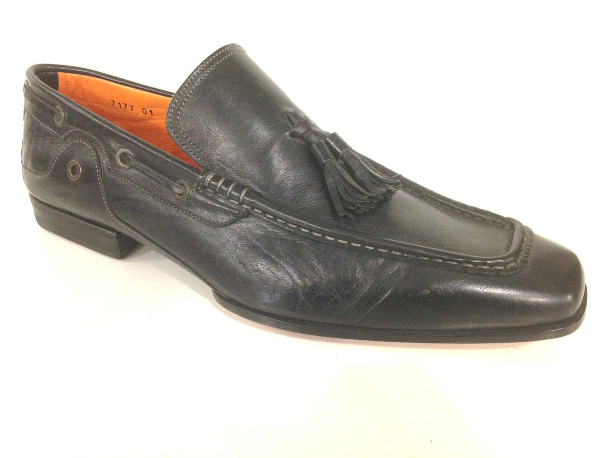 SCARPE UOMO SANTONI MOCASSINO TUBOLARE VACCHETTA NERA CON NAPPE  FATTA MANO 57