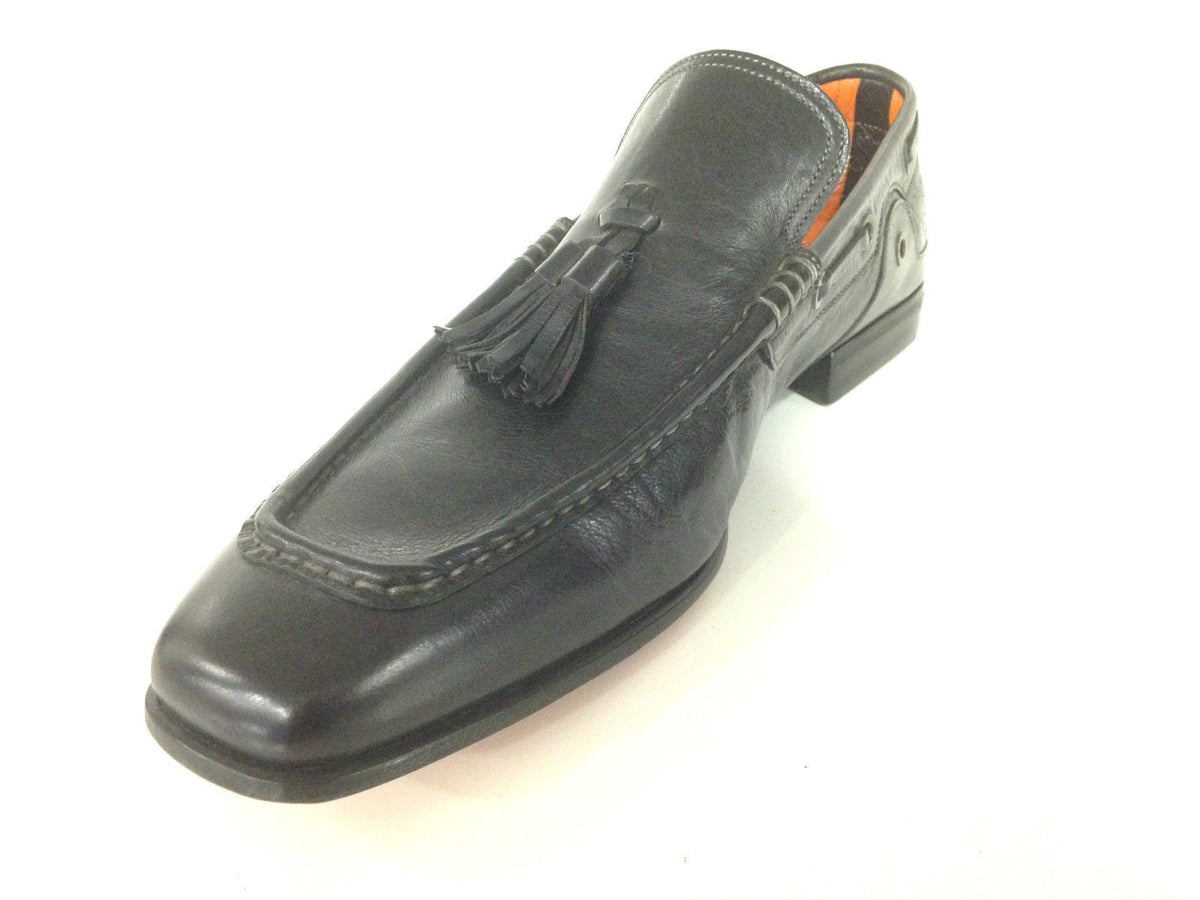 SCARPE UOMO SANTONI MOCASSINO TUBOLARE VACCHETTA NERA CON NAPPE  FATTA MANO 57