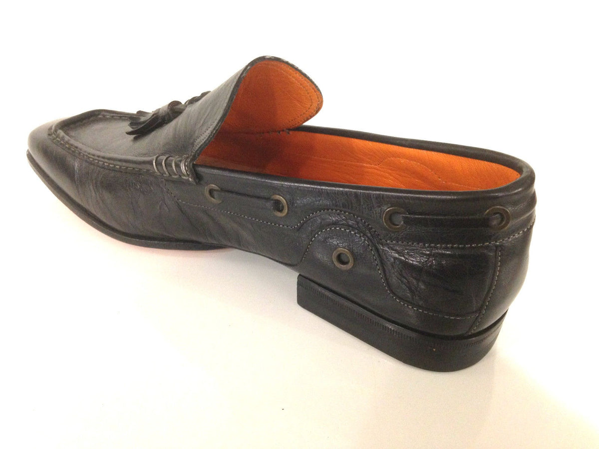 SCARPE UOMO SANTONI MOCASSINO TUBOLARE VACCHETTA NERA CON NAPPE  FATTA MANO 57